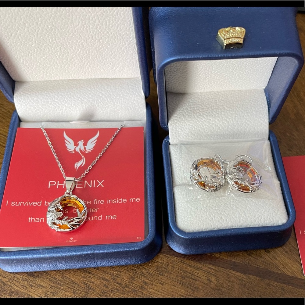 Phenix Silver-Tone Dragon Pendant and Earrings with Amber Stones